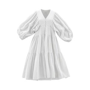 Just Me White Midi Dress with Puff Sleeves